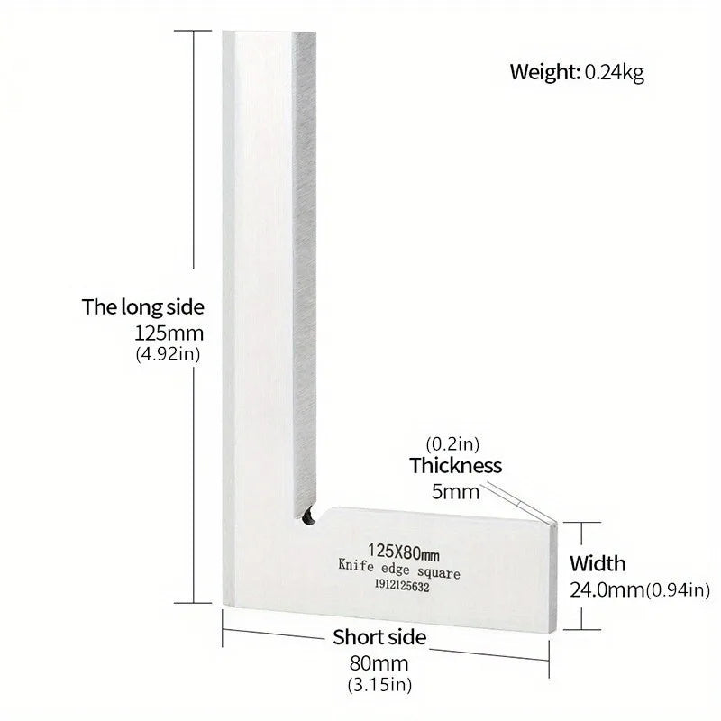 90° Knife Edge Square Ruler – Grade 1 Stainless Steel, 4 Sizes Precision Square Ruler Babs 125X80mm