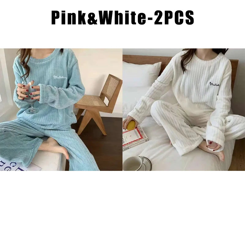 Women's Coral Fleece Flannel Pajama Set – Cozy Winter Loungewear Fleece Pajama Set Babs Pink White 2PCS 1 One SIze