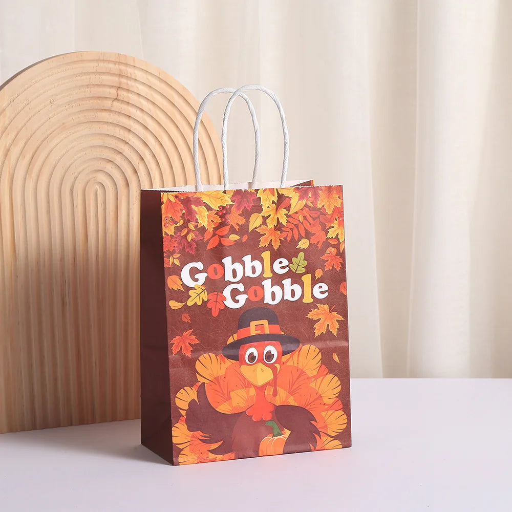 Thanksgiving Kraft Gift Bags | Maple Leaf, Pumpkin & Turkey Print Kraft Paper Gift Bags Babs