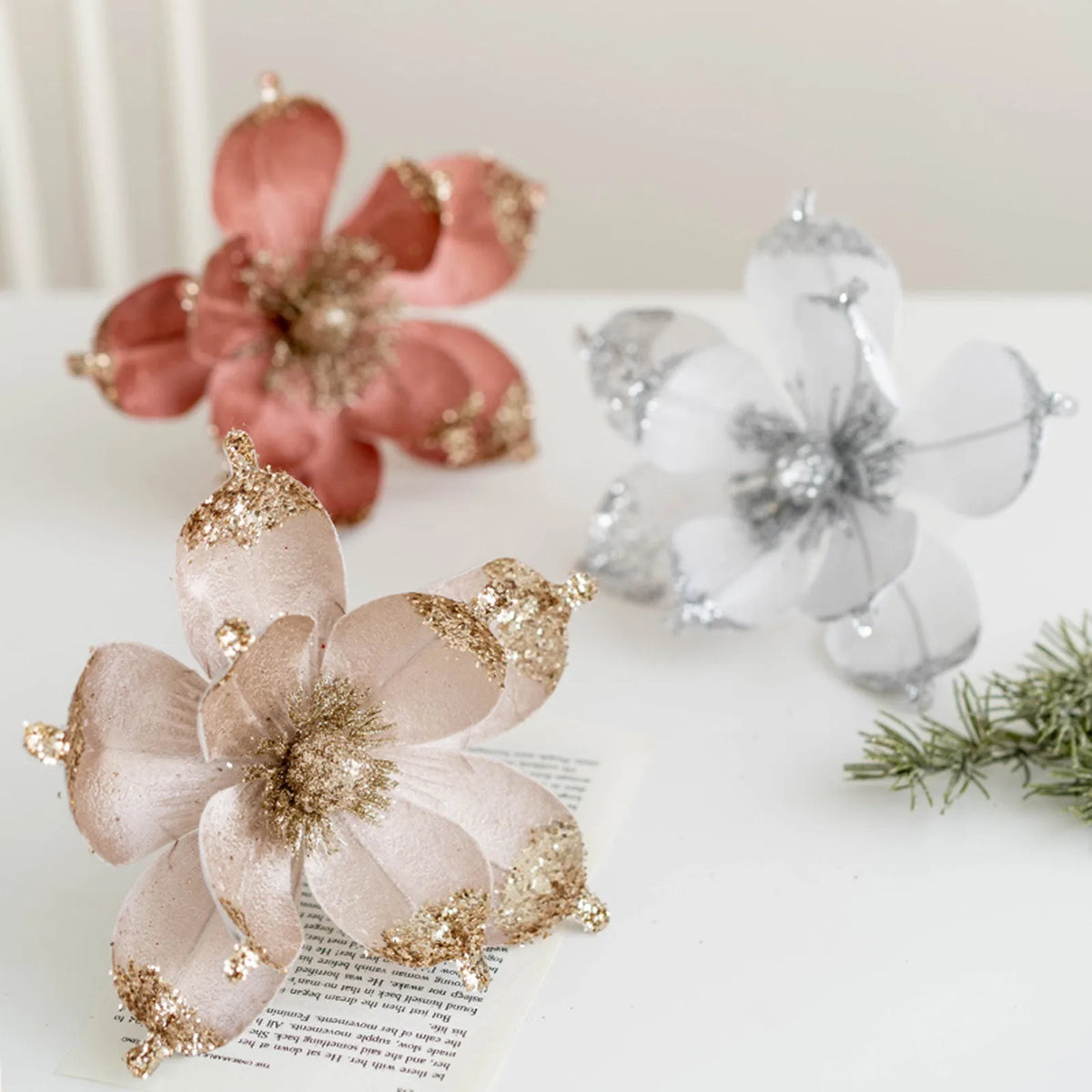 20cm Pink Glitter Magnolia Christmas Flower Pick | Xmas Tree Decor Christmas Flower Pick Babs