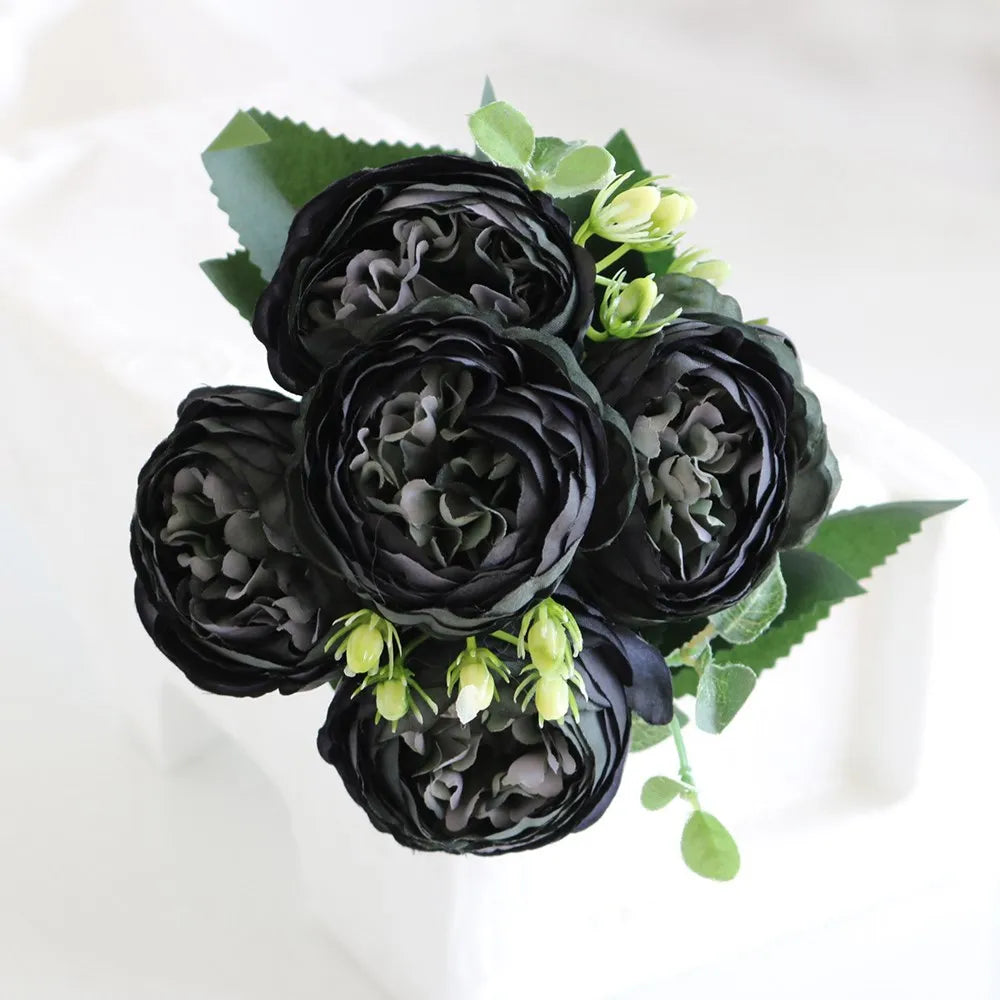 Silk Peony Artificial Flower Bouquet – Roses & Gypsophila, 12 Colors Artificial Flower Bouquet Babs black 1pc
