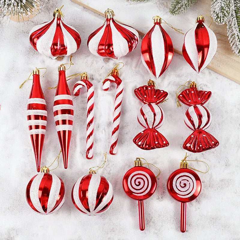 14-Piece Christmas Ball Ornaments Set – Red & Candy Cane Christmas Tree Ornaments Babs