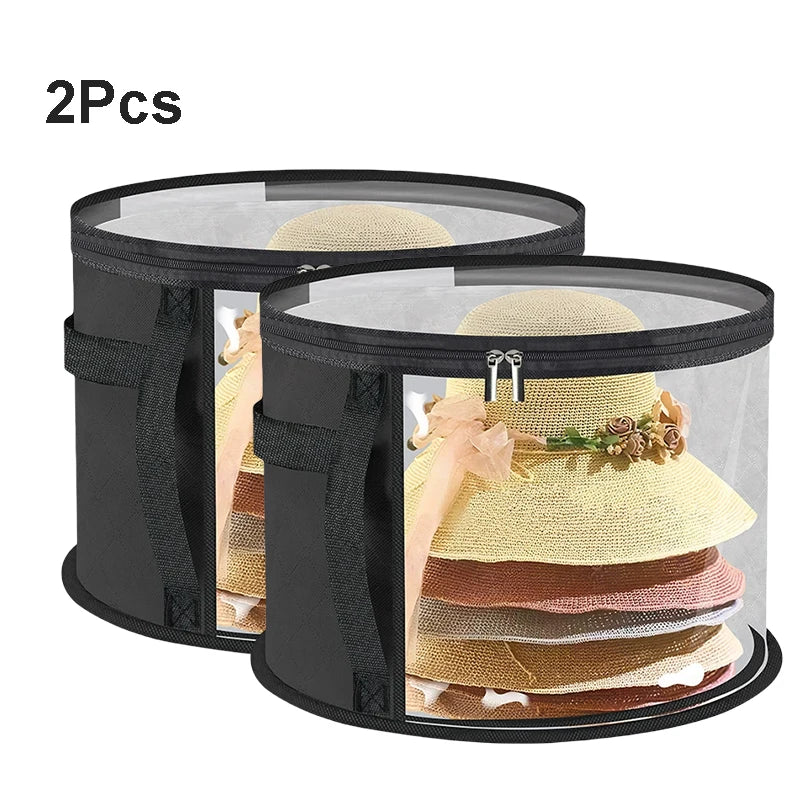Large Round Foldable Hat Box Storage Organizer – Travel & Closet Hat Storage Box Babs Black-2PCS