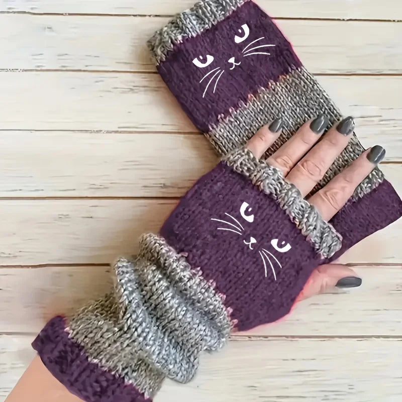 Cat Lover Knitted Fingerless Gloves – Cute Cat Pattern Fingerless Gloves Babs PURPLE One Size