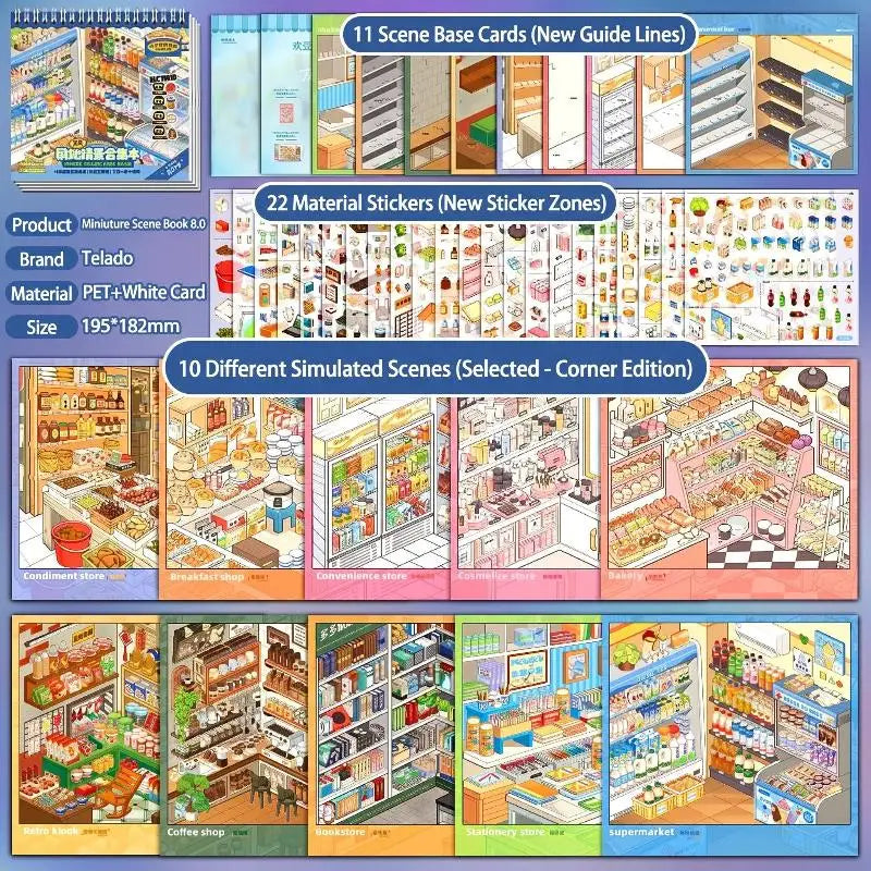 Miniature Scene Sticker Book – 10 Shop Themes, Non-Bleed Ink DIY Sticker Book Babs