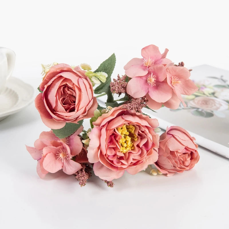 Artificial Silk Peony Hydrangea Bouquet – Wedding & Home Decor Artificial Flower Bouquet Babs Rose Red 1 pc
