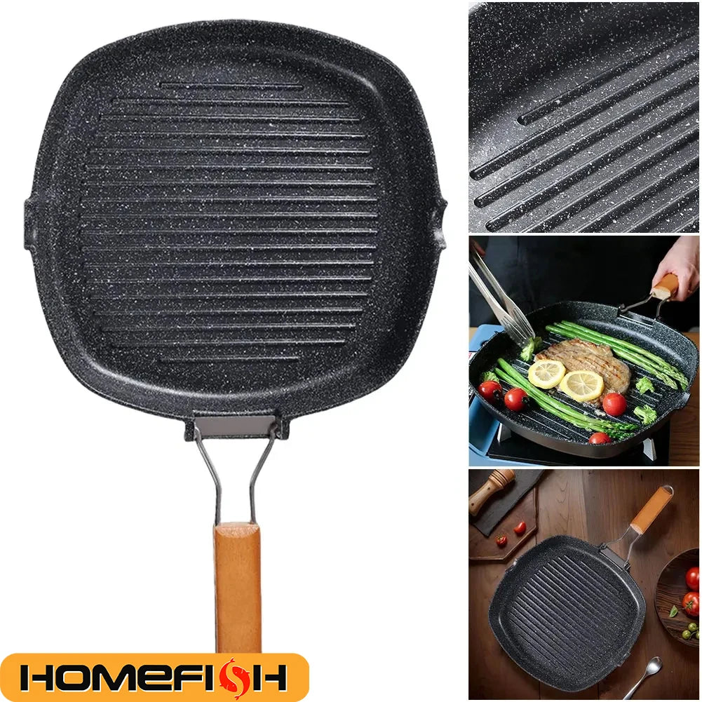 Foldable Portable Grill Pan | Anti-Scald Wooden Handle Portable Grill Pan Babs