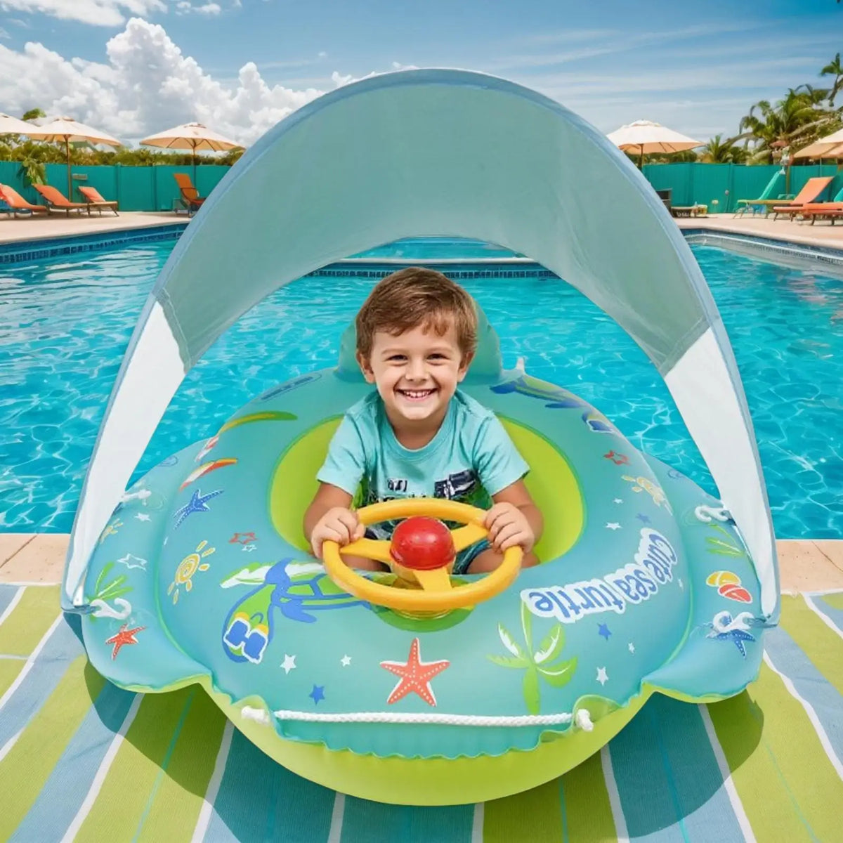Kids Inflatable Pool Float with Sunshade Canopy & Steering Wheel Kids Pool Float Babs