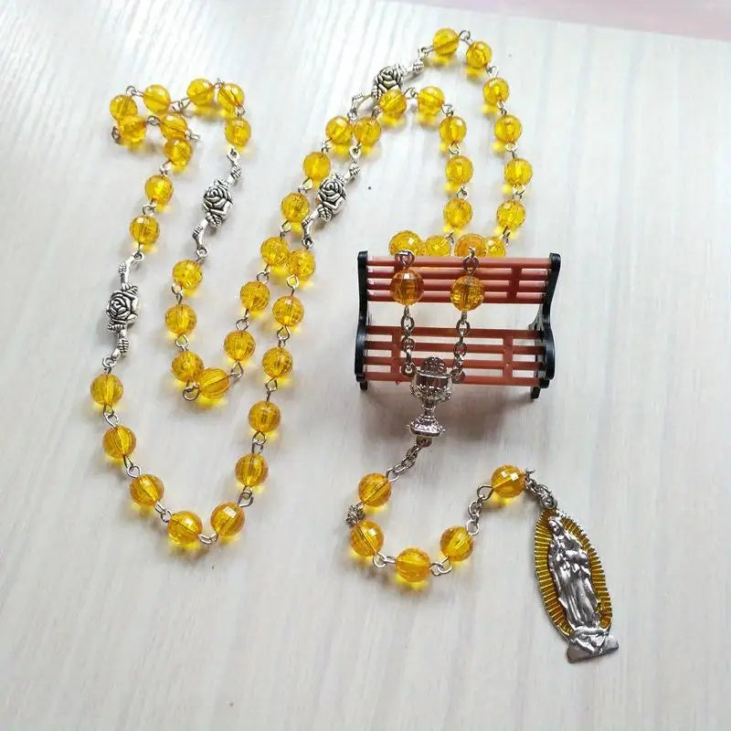 Orange Clear Rosary Bead Cross Necklace – Unisex Y-Shape Rosary Bead Necklace Babs
