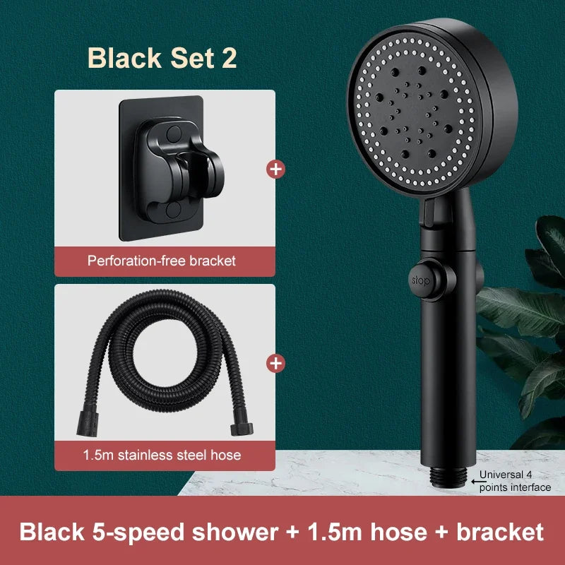 5-Mode High-Pressure Water-Saving Handheld Shower Head + Hose Handheld Shower Head Babs Black shower set