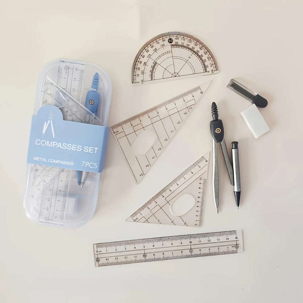 7-Piece Metal Compass Set – Exam Grade with Pencils & Ruler Geometry Drawing Set Babs