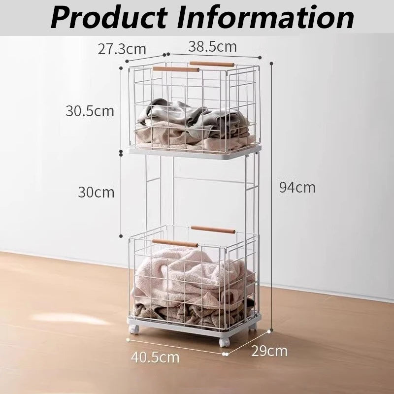 2-Layer Iron Laundry Basket Trolley with Wheels & Handles Laundry Basket Trolley Babs Two floors