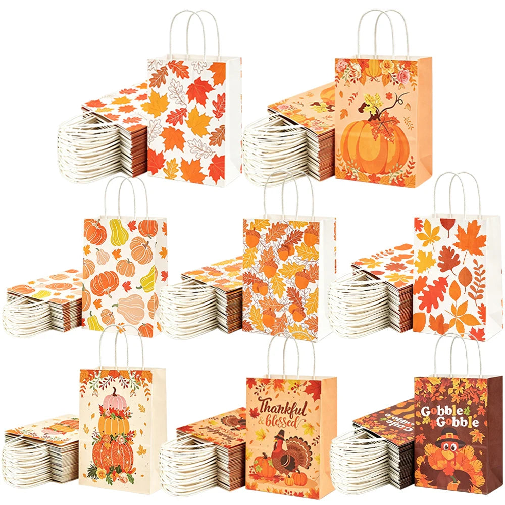 Thanksgiving Kraft Gift Bags | Maple Leaf, Pumpkin & Turkey Print Kraft Paper Gift Bags Babs