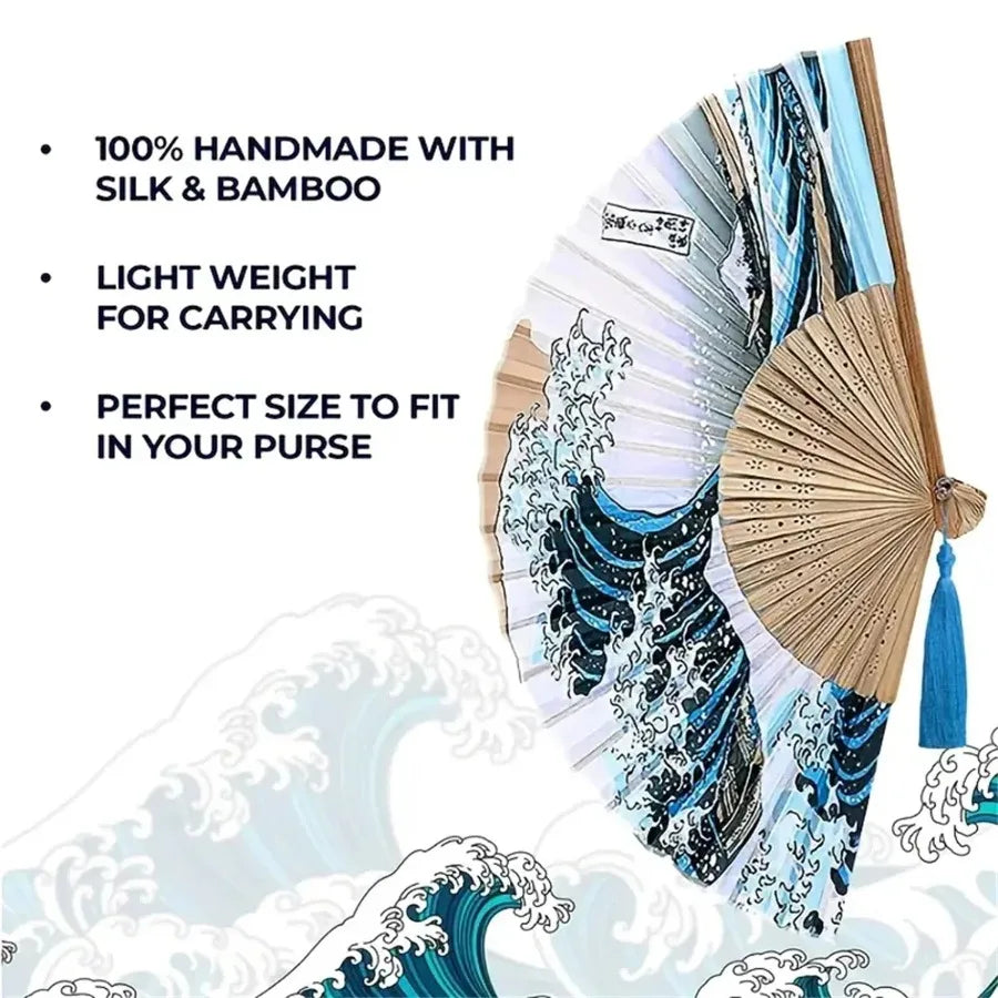 Japanese Folding Fan – Handmade Kanagawa Wave Vintage Hand Fan Decorative Hand Fan Babs
