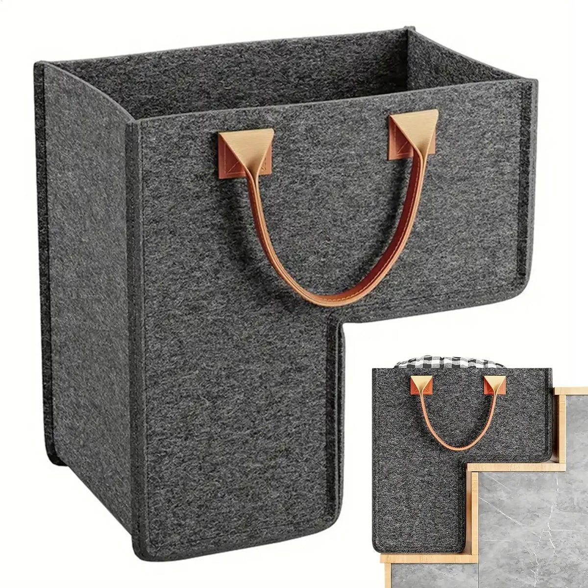 Felt L-Shape Stair Basket with PU Handles | Dark Gray Stair Storage Basket Babs