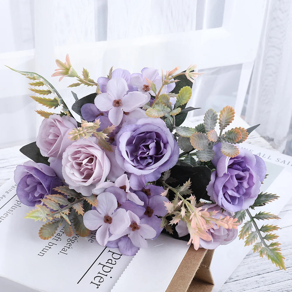 Silk Rose & Hydrangea Artificial Bouquet | Wedding & Home Décor Artificial Flower Bouquet Babs Light Purple 1PC