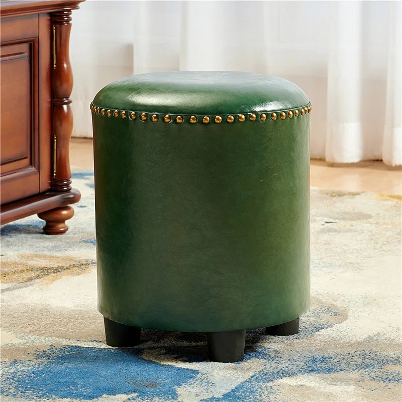 Retro Round Ottoman Stool – Genuine Leather & Pine Wood, 35×45cm Ottoman Stool Babs Green