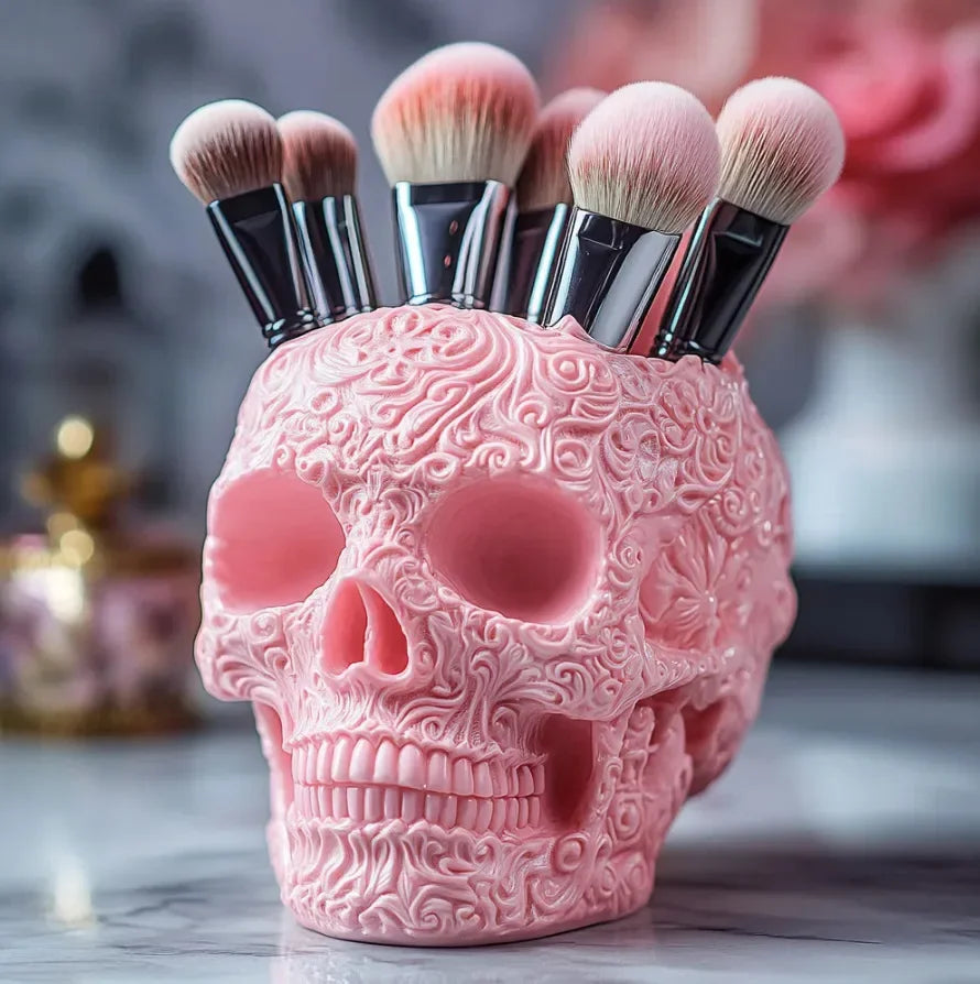 Halloween Skull Makeup Brush & Pen Holder – Colorful Desk Decor Desk Organizer Babs Pink