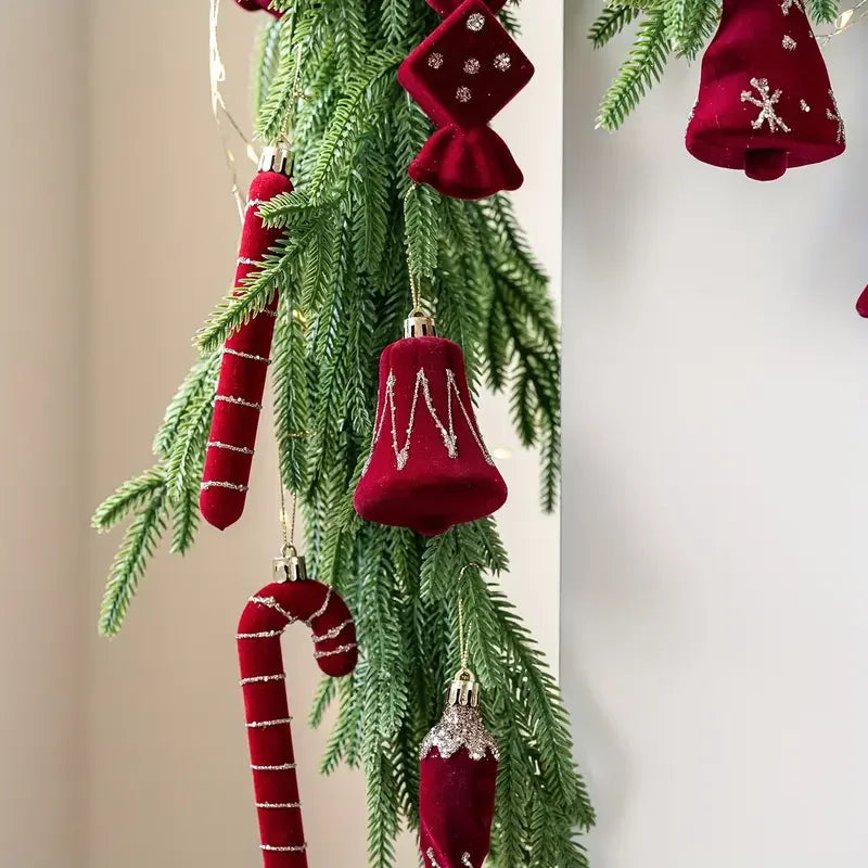 2pcs Velvet Christmas Ornaments – Burgundy Red Bell Candy Cane Christmas Tree Ornaments Babs