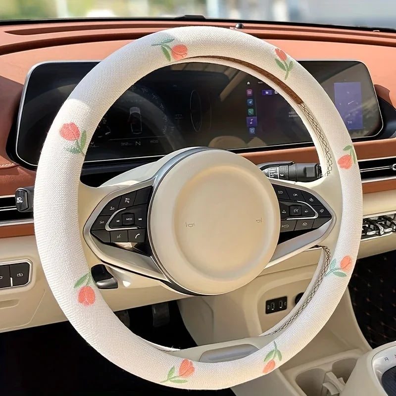Embroidered Tulip Steering Wheel Cover – Anti-Slip, 38cm Steering Wheel Cover Babs