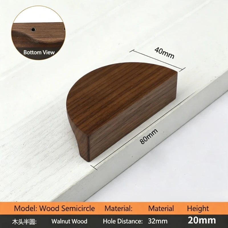 Walnut & Beech Wood Semicircular Cabinet Drawer Pull Handle Cabinet Pull Handle Babs 1Pc-32mm