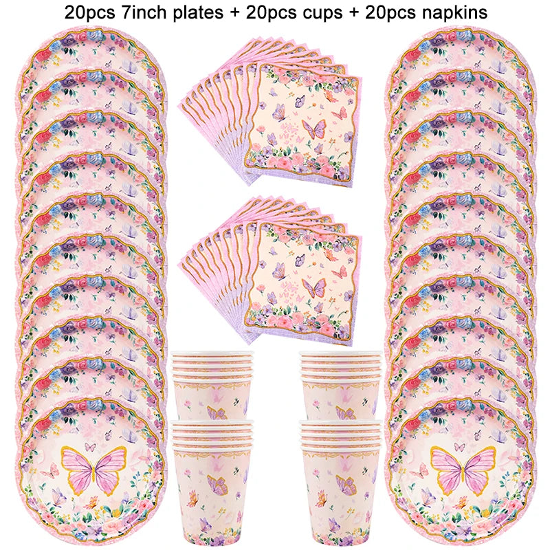Pink Butterfly Party Tableware Set – Plates, Cups & Tablecloth Disposable Party Tableware Babs 60pcs set