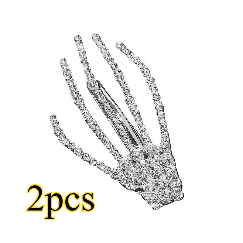 2-Piece Rhinestone Skull Hand Hair Clips – Halloween Barrettes Hair Clip Barrettes Babs Silver