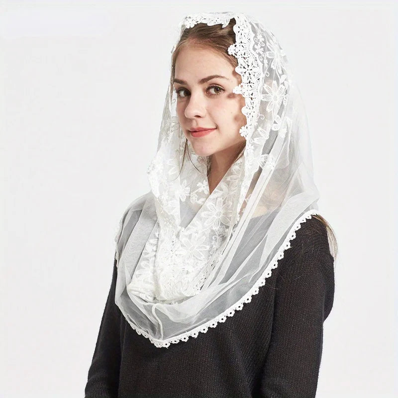Ivory White Lace Infinity Scarf – Mantilla Chapel Veil for Women Lace Wrap Scarf Babs