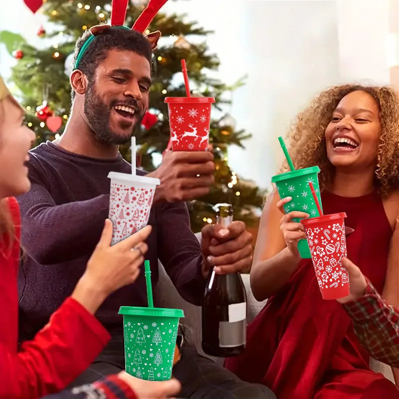 5-Pack 24oz Christmas Plastic Cups with Lids & Straws – Reusable Holiday Drinkware Set Babs