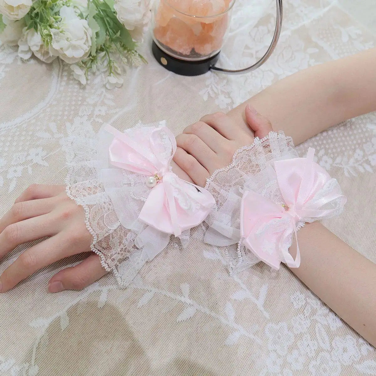 Lace Pearl Bow Bell Sleeve Cuff – Lolita Cosplay Wrist Band Sleeve Wrist Cuff Babs Pink 3Pairs
