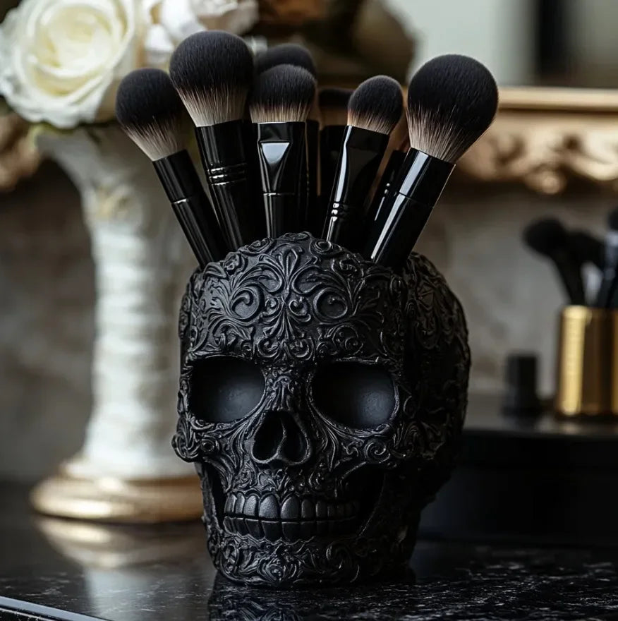 Halloween Skull Makeup Brush & Pen Holder – Colorful Desk Decor Desk Organizer Babs black