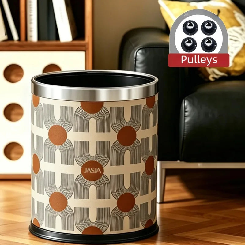 Retro PU Leather Trash Can – 10L Luxury Round Waste Bin Decorative Waste Bin Babs Style D