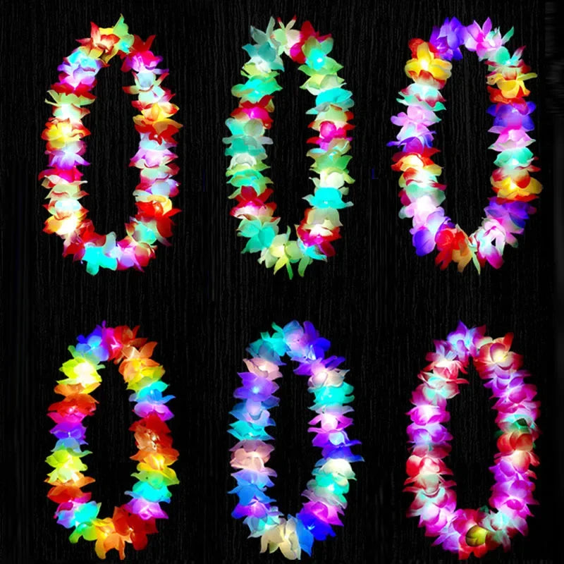 15-Pack LED Hawaiian Lei Flower Headbands & Necklaces for Parties LED Party Lei Set Babs