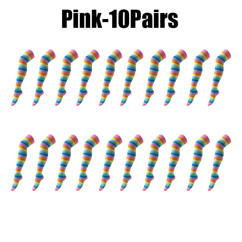 Rainbow Striped Over-Knee Socks – Soft Elastic Long Stockings Over-Knee Stockings Babs as show Pink 10Pairs