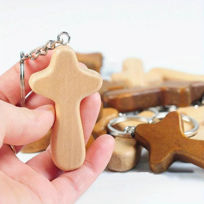 5-Pack Wooden Cross Keychain Set – Car Keyring & Bag Charm Wooden Keychain Set Babs