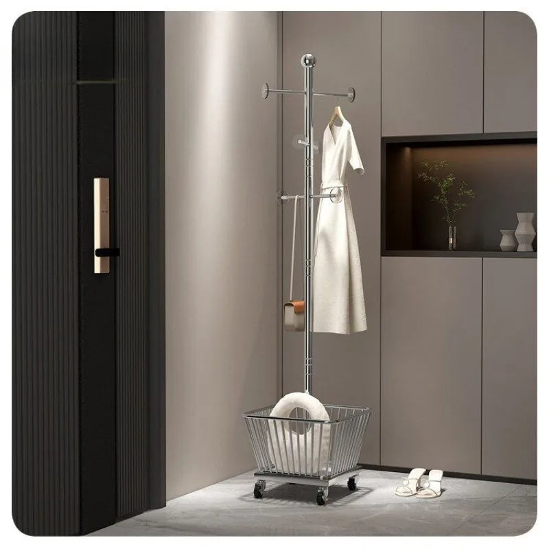 Standing Coat Rack with Basket – Metal Clothes Stand, 3 Hooks Standing Coat Rack Babs