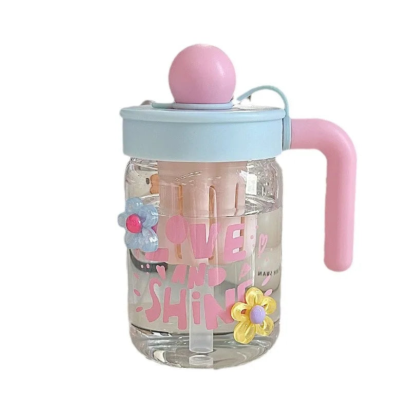 Cartoon Glass Cup with Straw & Tea Strainer | Home & Office Glass Tea Mug Babs