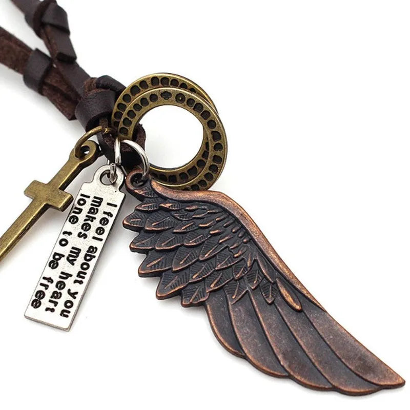 Vintage Leather Feather Pendant Necklace – Unisex Jewelry Pendant Necklace Babs Red copper