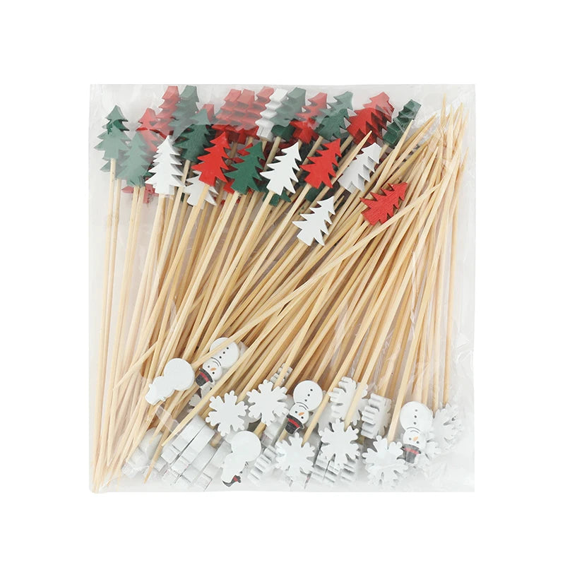 100Pcs Christmas Bamboo Food Skewers & Cupcake Toppers Holiday Party Picks Babs D