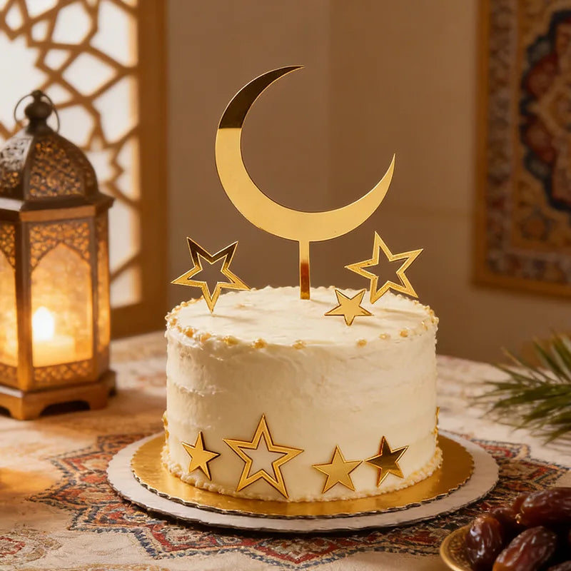 8-Piece Ramadan Moon & Star Golden Acrylic Cake Topper Set Acrylic Cake Topper Babs