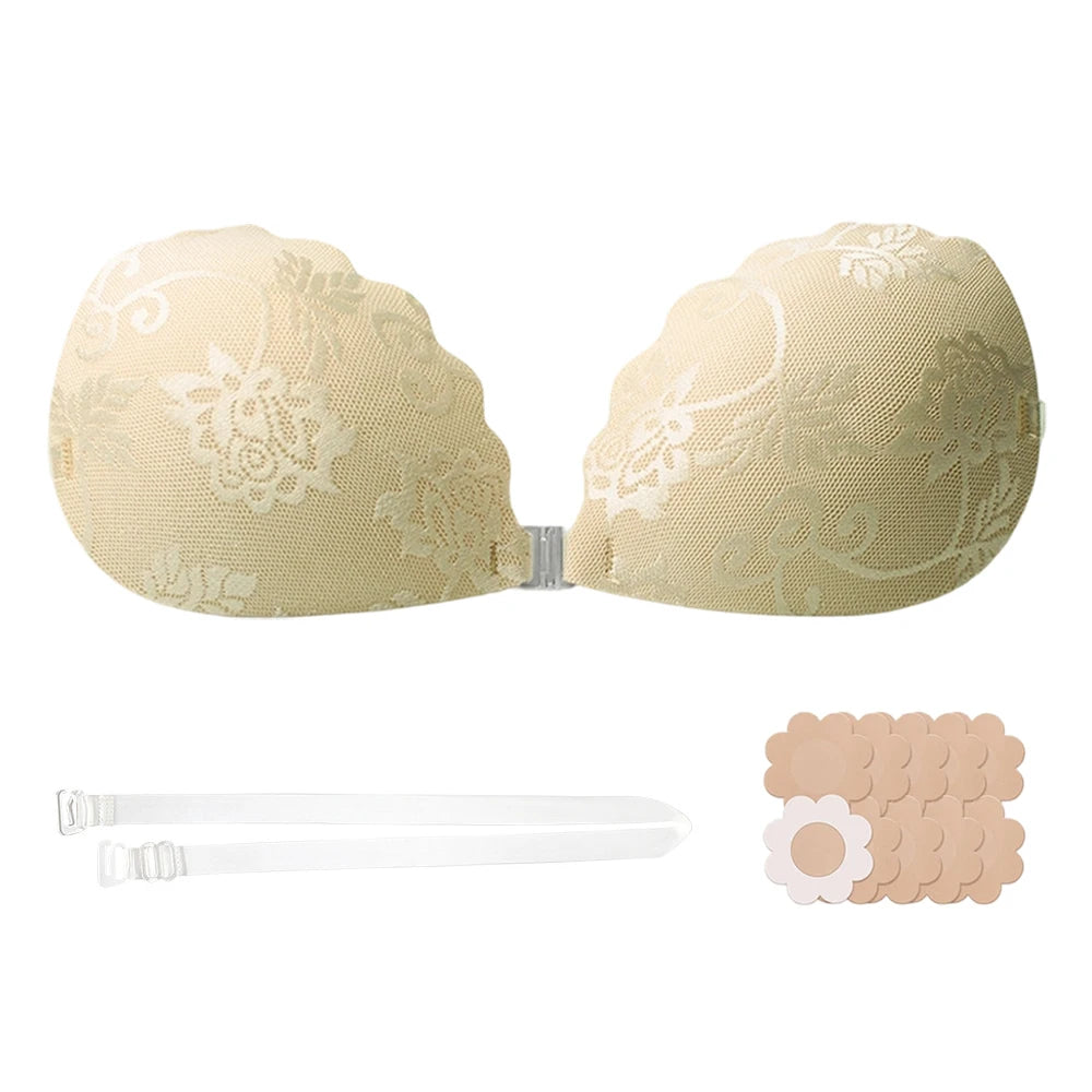 Scalloped Lace Adhesive Bra – Front Buckle Push Up Sticky Bra Adhesive Push-Up Bra Babs Beige 1XL