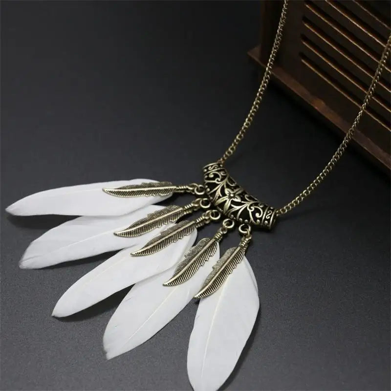 Retro Leaf & Feather Long Sweater Chain Necklace for Women Sweater Chain Necklace Babs White