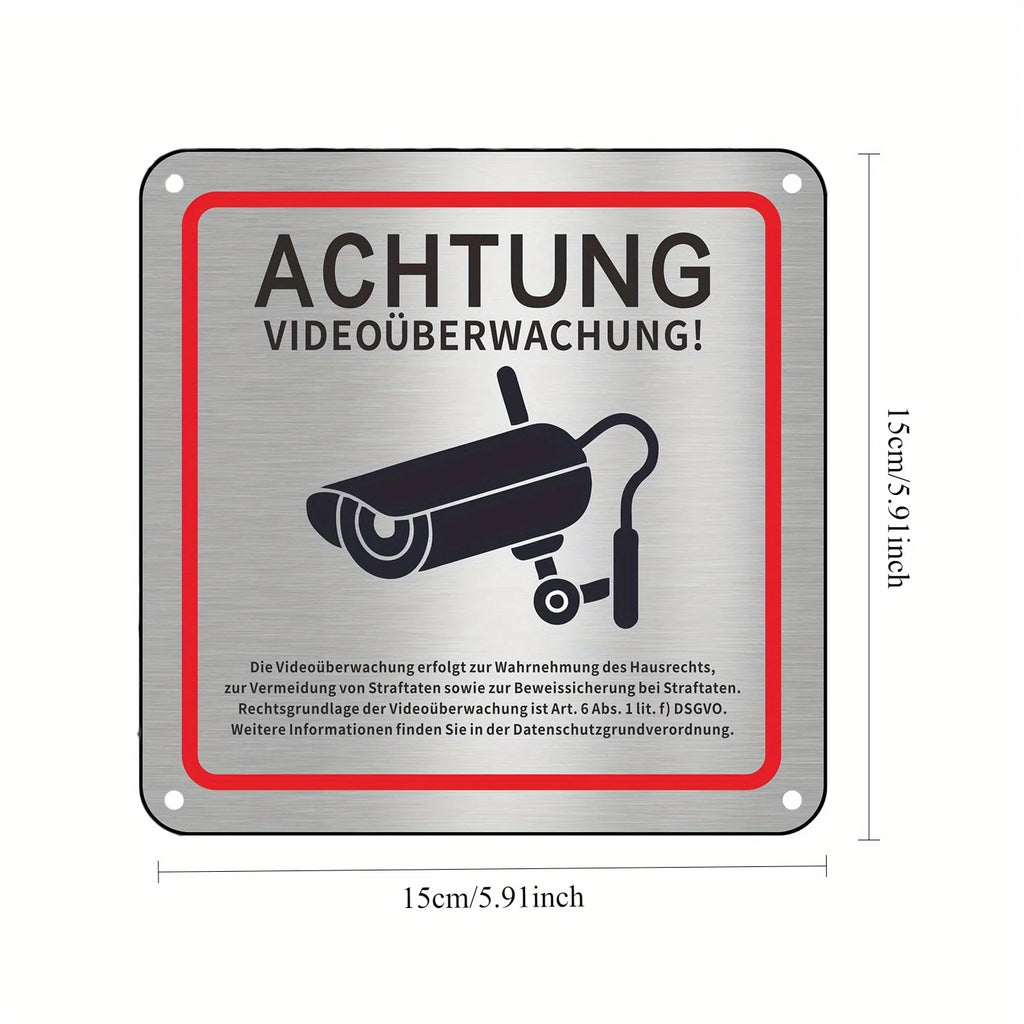 Aluminum Alloy Wall-Mounted Security Camera Sign – German Text Security Camera Sign Babs