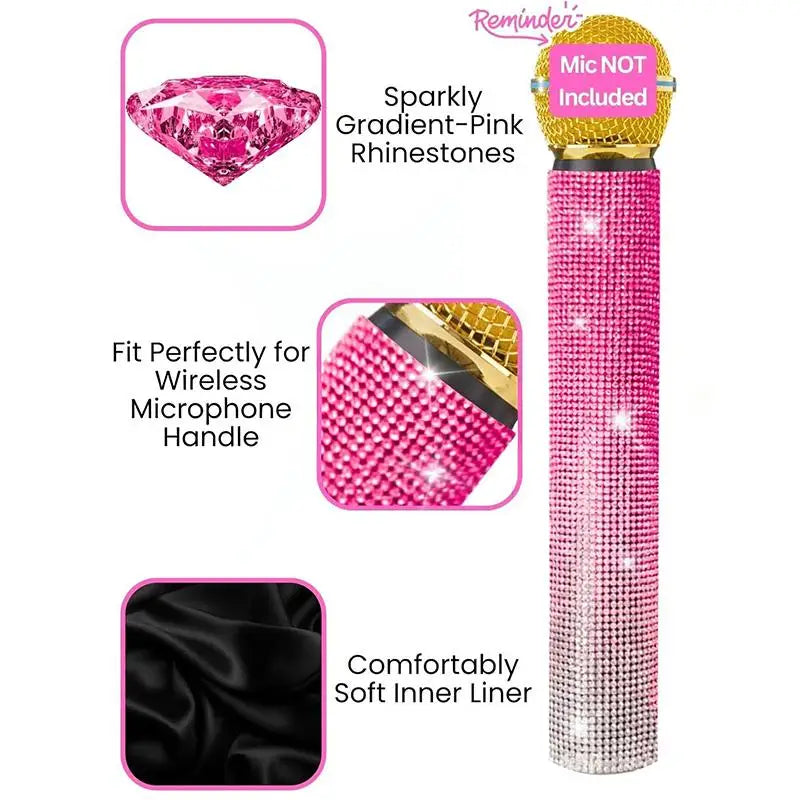 Bling Rhinestone Wireless Mic Cover – Sparkly Decorative Sleeve Mic Handle Cover Babs Gradient Pink
