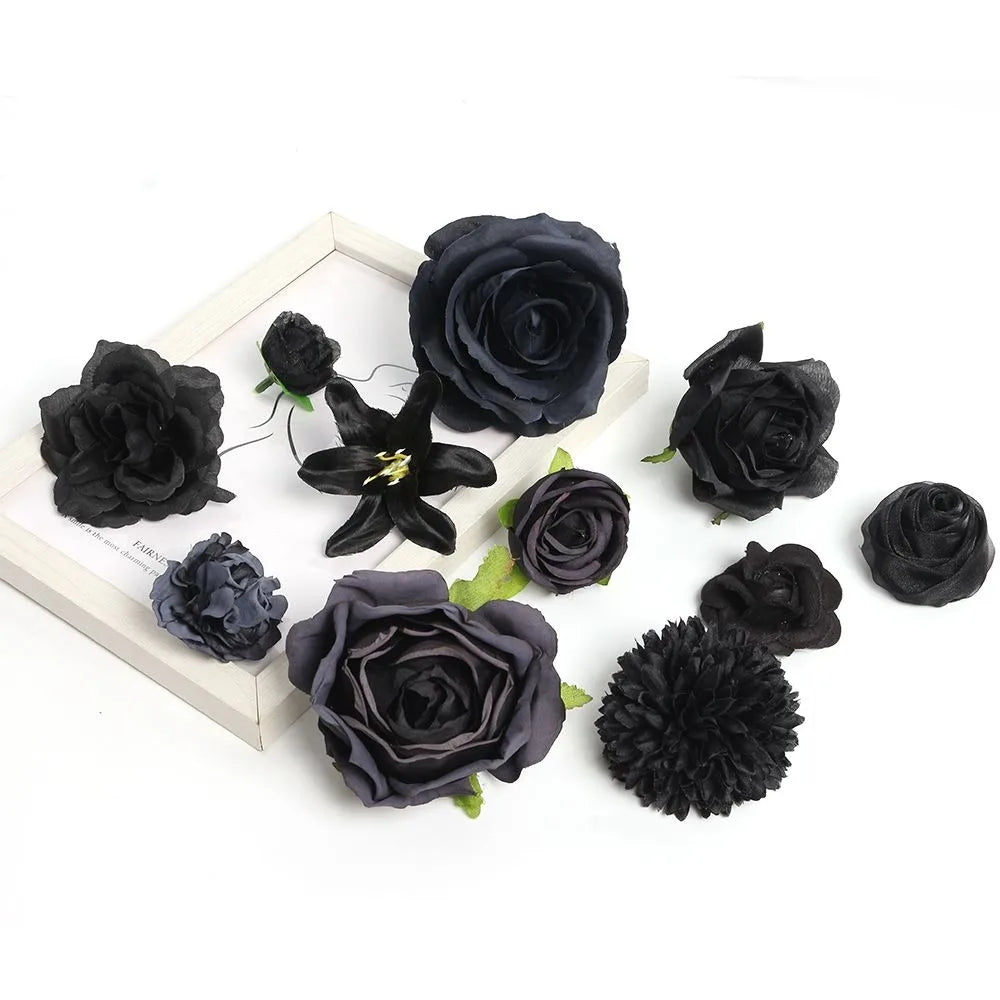 10Pcs Black Silk Artificial Rose Heads – DIY Wedding Decor Artificial Flower Heads Babs