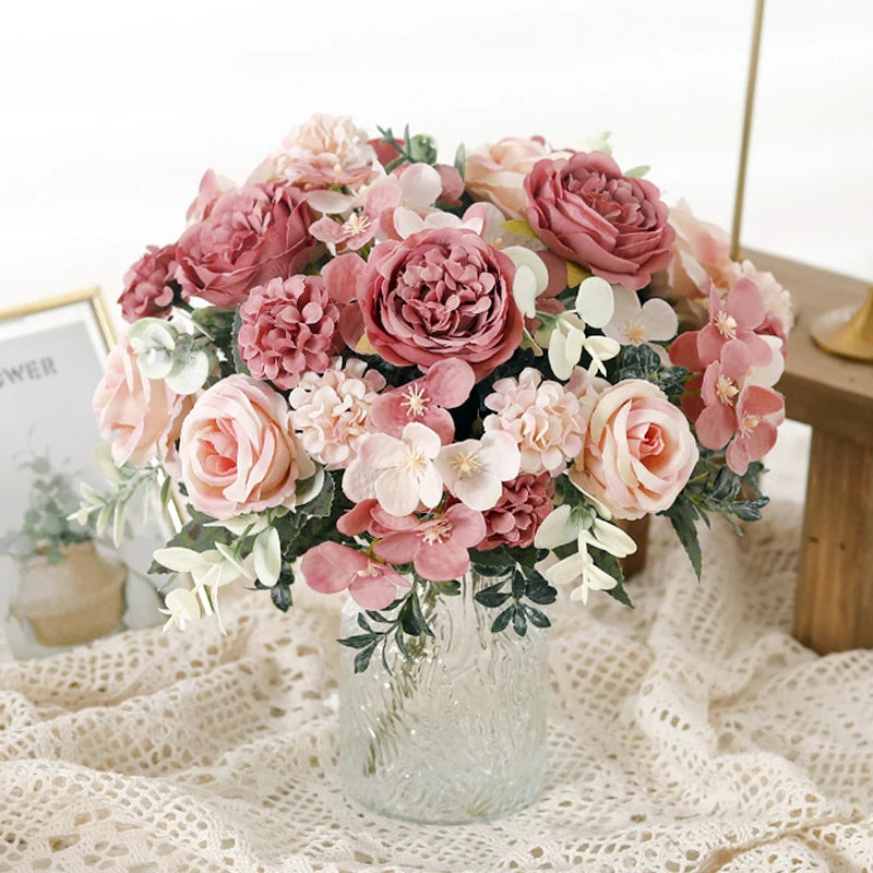 7-Fork Silk Rose Peony Hydrangea Artificial Flower Bouquet Artificial Flower Bouquet Babs