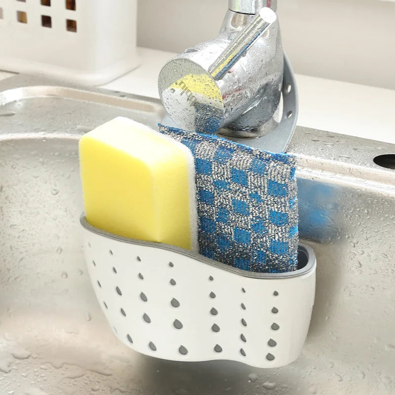 Adjustable Kitchen Sink Sponge Holder & Hanging Drain Basket Sink Sponge Holder Babs Beige Color