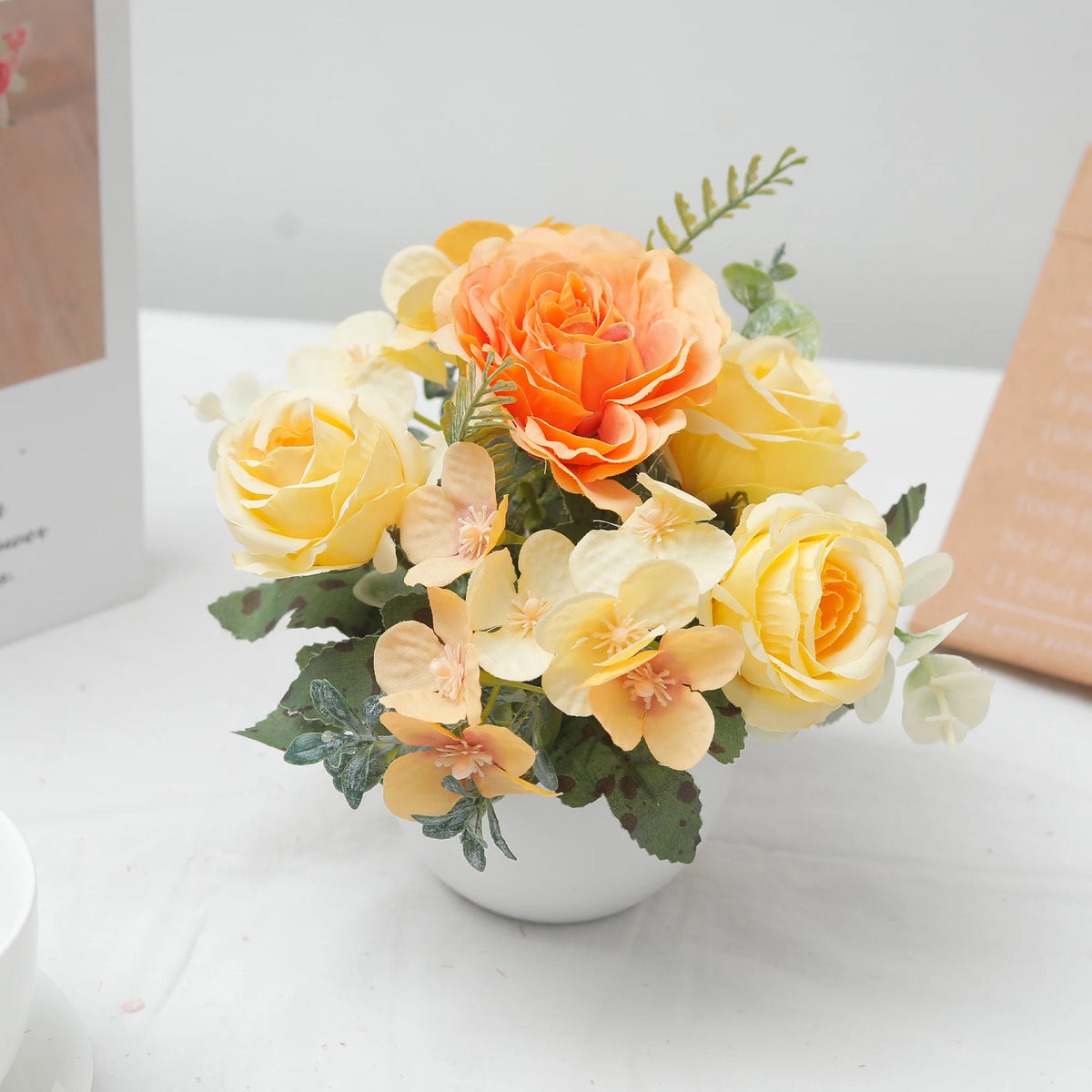 Silk Rose Hydrangea Bonsai – 6-Head Artificial Flower Décor Artificial Flower Bonsai Babs Yellow