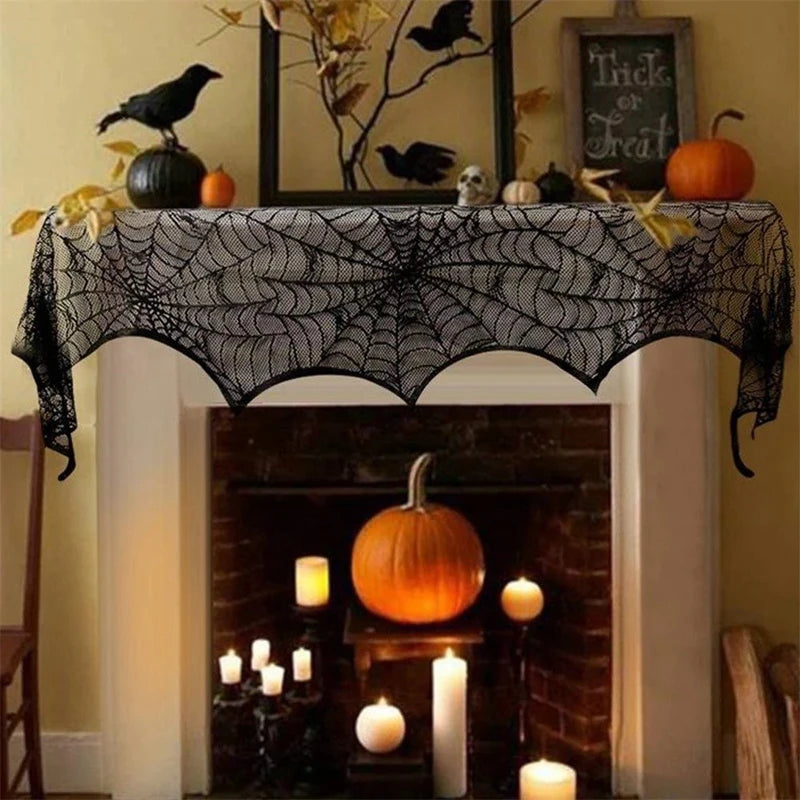 Halloween Bat Spider Web Lace Table Runner & Fireplace Curtain Halloween Table Runner Babs