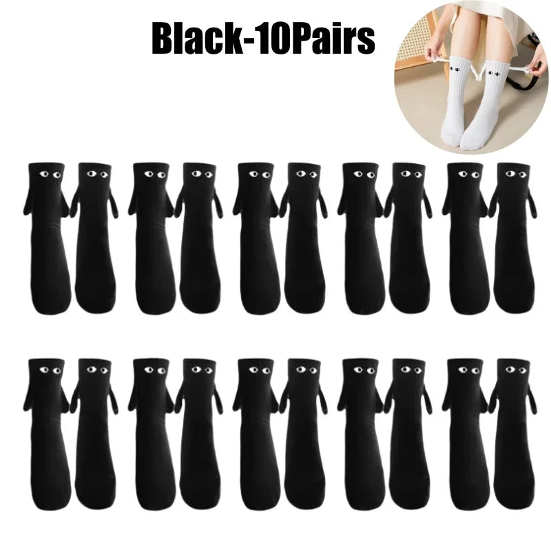 Magnetic Couple Socks | 3D Doll Eyes Hand-in-Hand Design Novelty Couple Socks Babs Black-10Pairs One Size